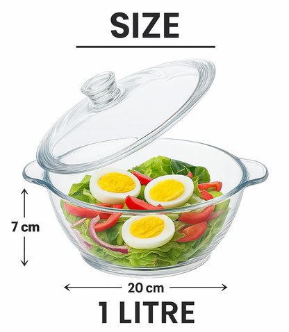 Sky Buy 1000 ml Round Glass Casserole with Lid – Clear Glass Cooking & Serving Dish