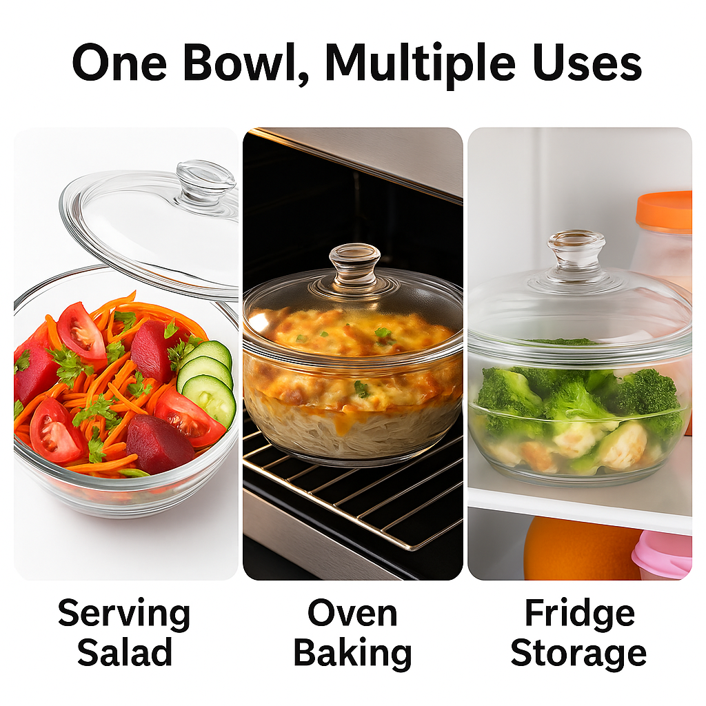 Sky Buy 1000 ml Round Glass Casserole with Lid – Clear Glass Cooking & Serving Dish
