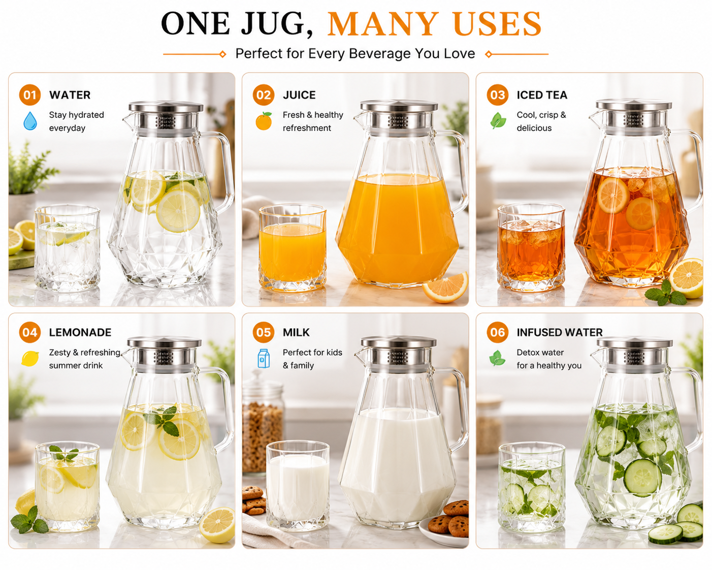 Skybuy Faceted Glass Water Jug 1.5L one jug many uses