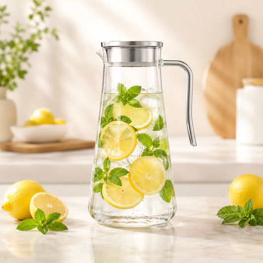 Sky Buy Glass Water Jug with Stainless Steel Lid 1400 ml – Transparent Water & Juice Pitcher