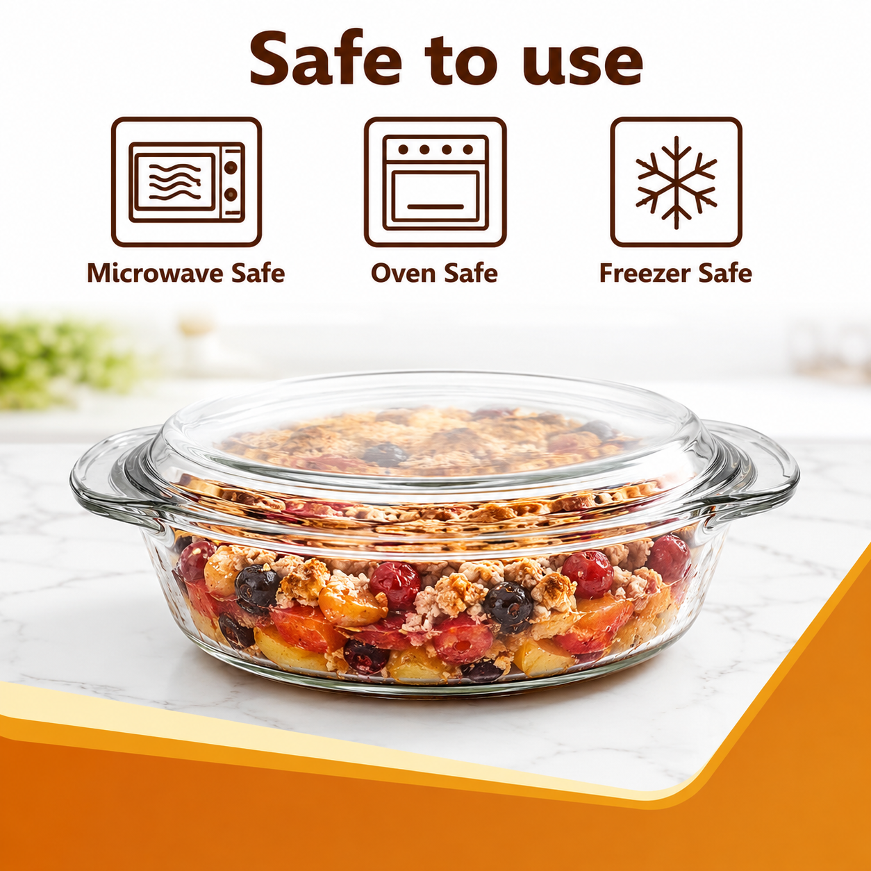 Skybuy 1000 ml Shallow Round Glass Casserole with Lid