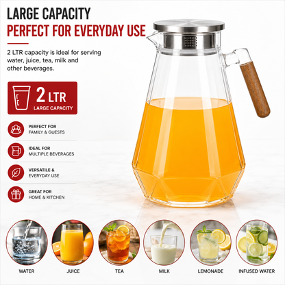 Skybuy Glass Water Jug with Wooden Handle 2L large capacity