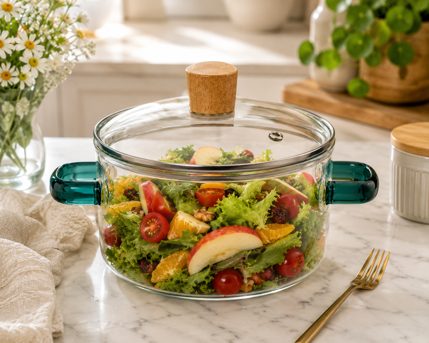 Skybuy 2600 ml Glass Cooking Pot with Lid & Handles