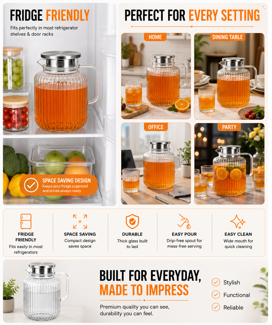 Skybuy Ribbed Glass Water Jug 1.65L - fridge friendly