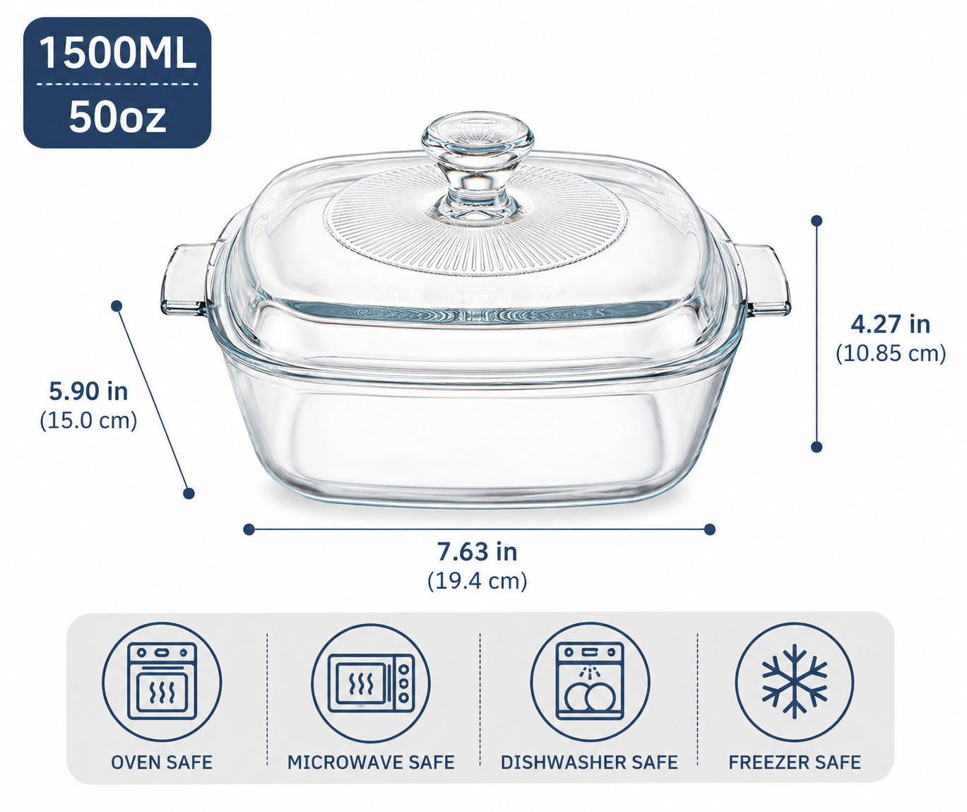Skybuy 1500 ml Square Glass Casserole with Lid