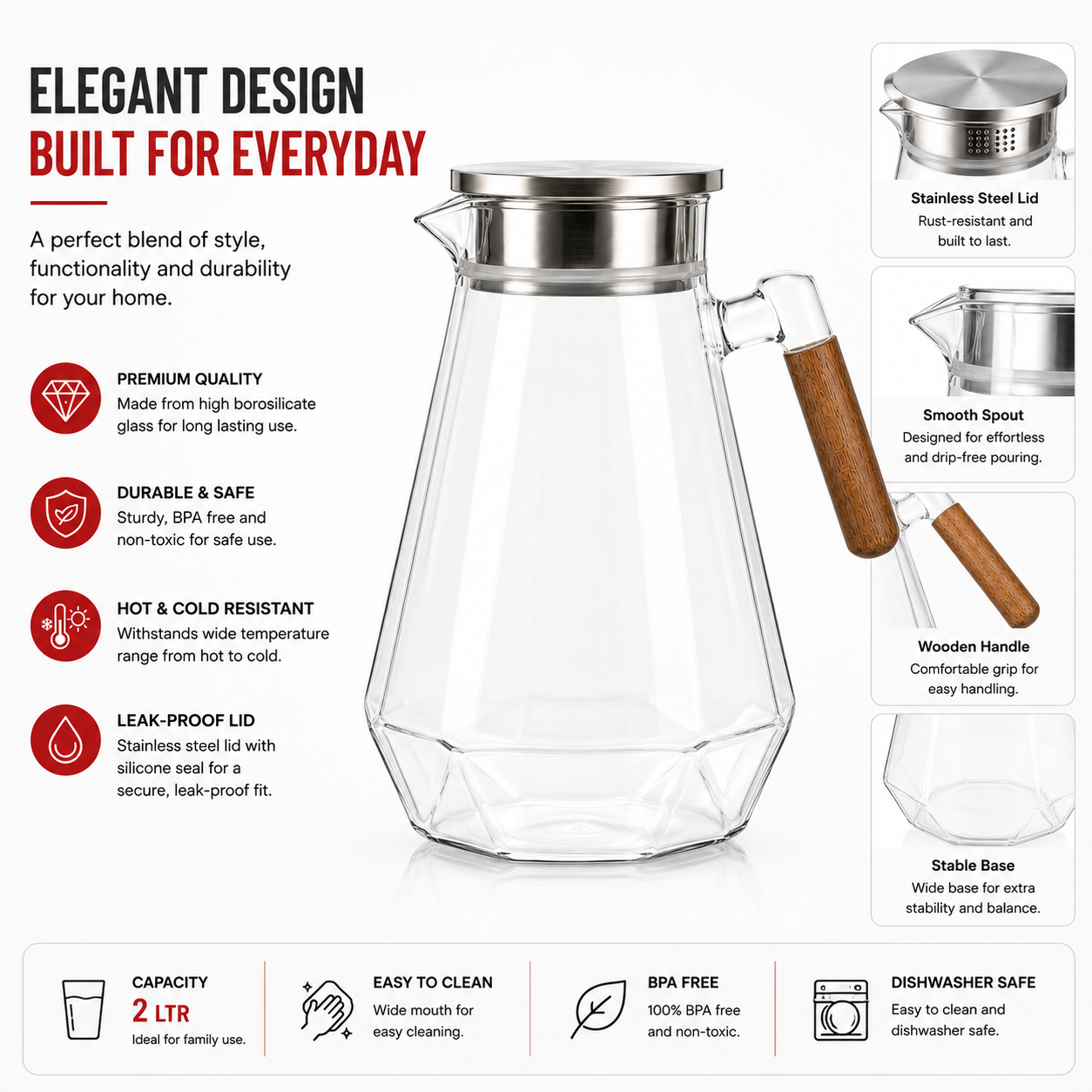 Skybuy Glass Water Jug with Wooden Handle 2L features