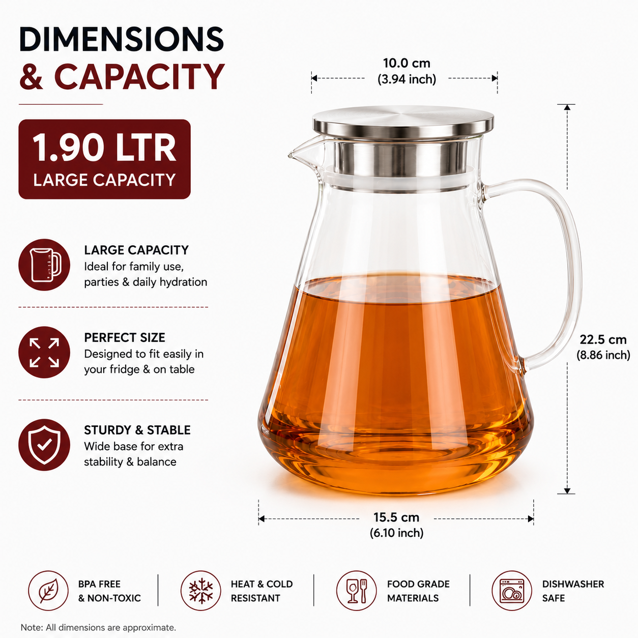 Skybuy Glass Water Jug 1.9L dimensions and capacity