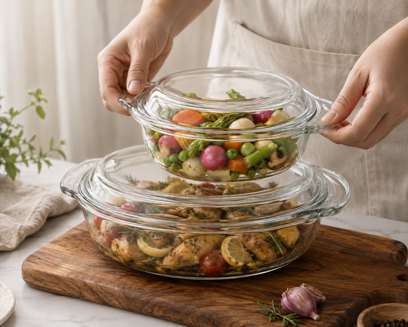 Skybuy 1000 ml Shallow Round Glass Casserole with Lid