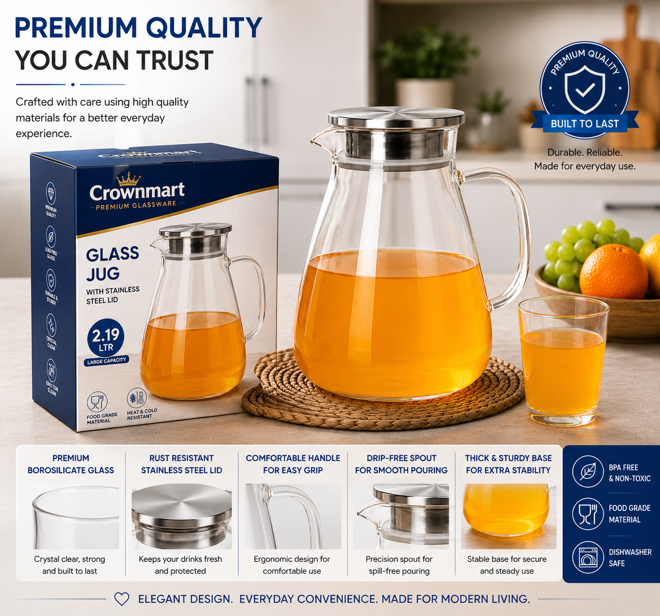Skybuy Borosilicate Glass Water Jug 2.19L