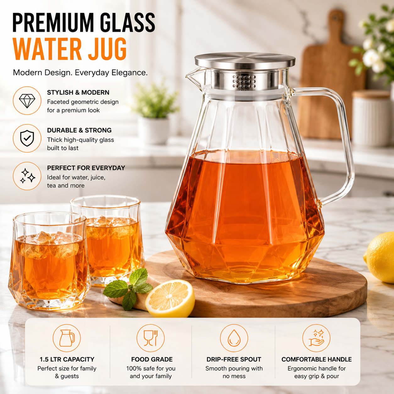 Skybuy Faceted Glass Water Jug 1.5L modern design