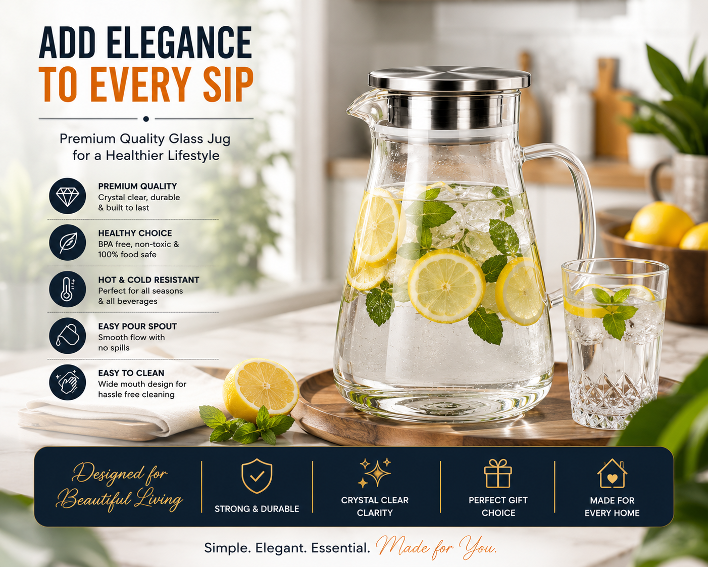 Skybuy Premium Glass Water Jug 1.8L - elegance and healthy choice features