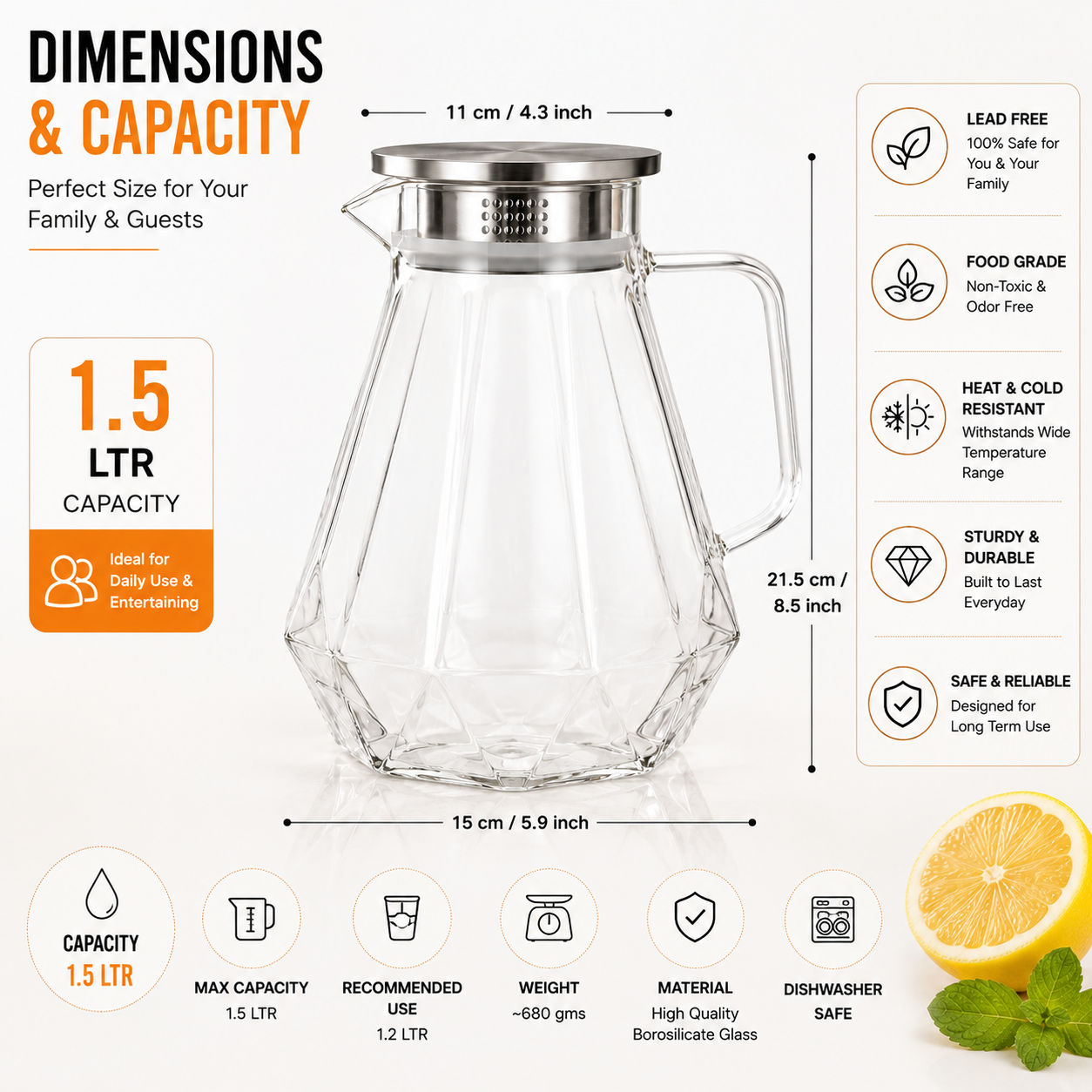 Skybuy Faceted Glass Water Jug 1.5L dimensions and capacity