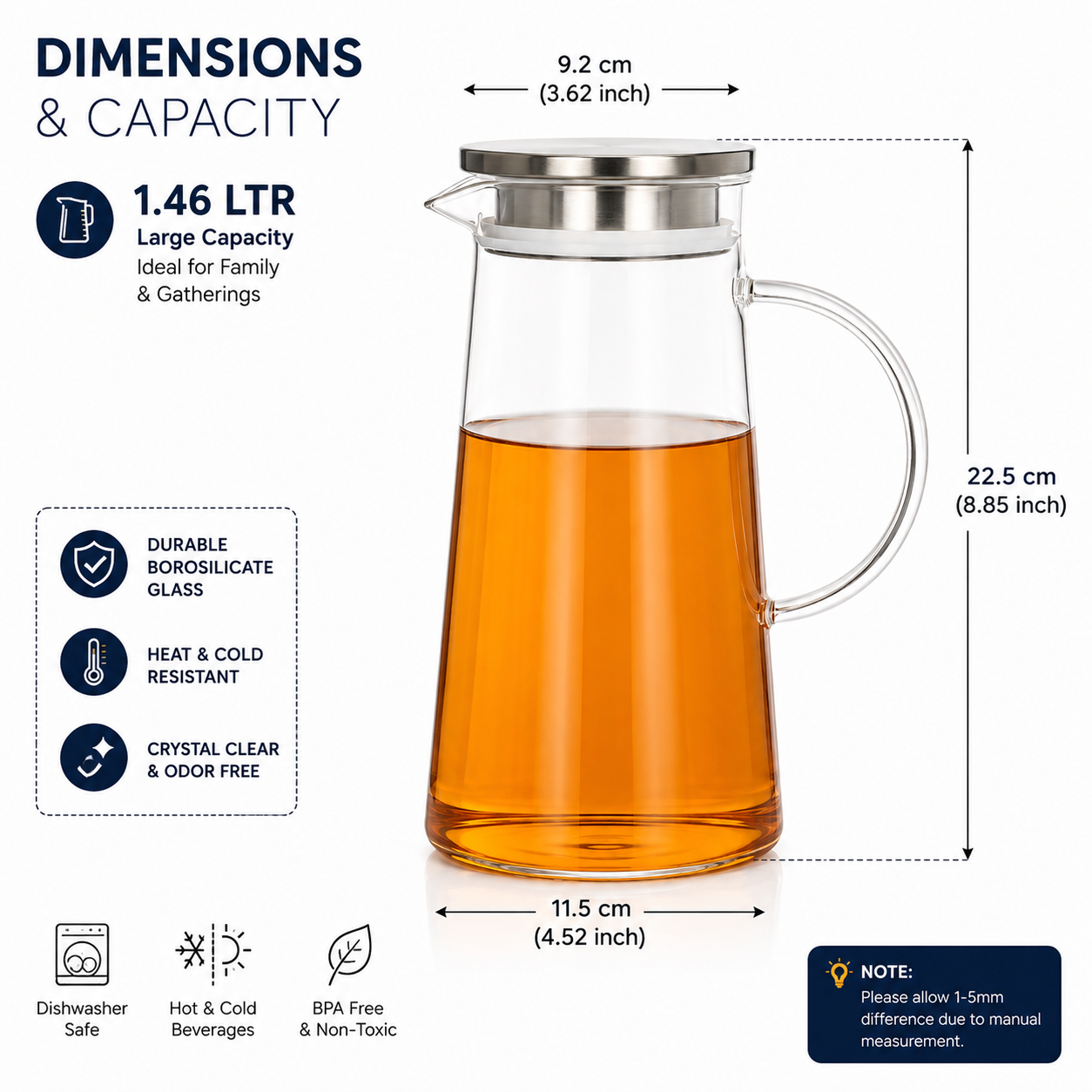 Skybuy Borosilicate Glass Water Jug 1.46L dimensions and capacity