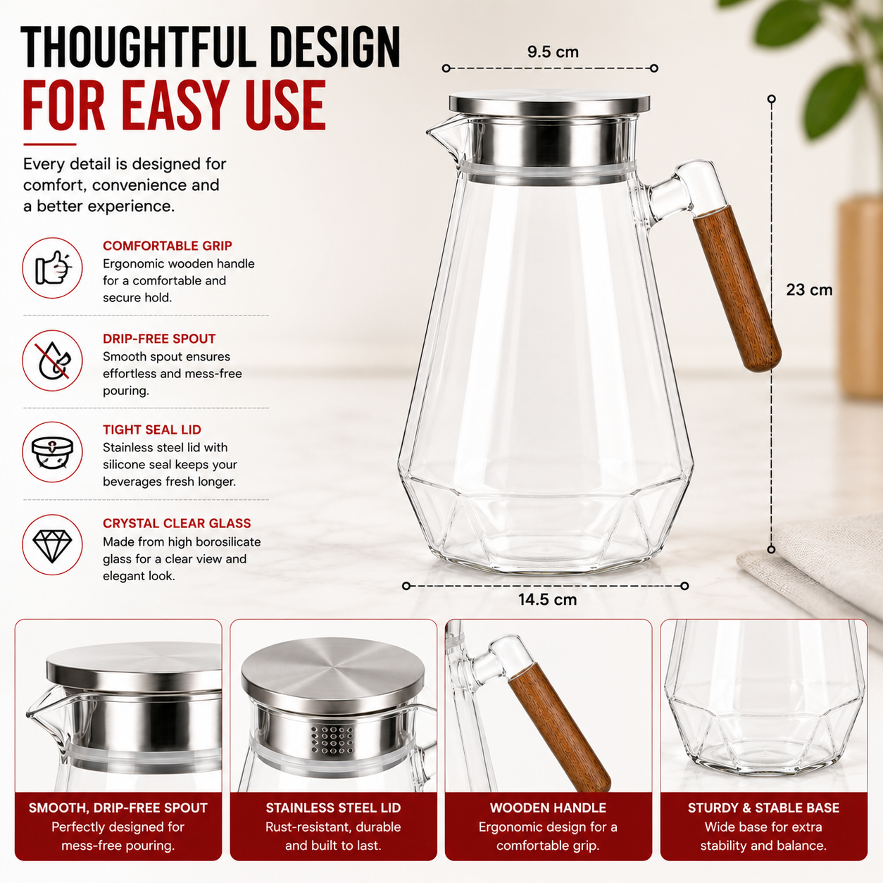 Skybuy Glass Water Jug with Wooden Handle 2L design details
