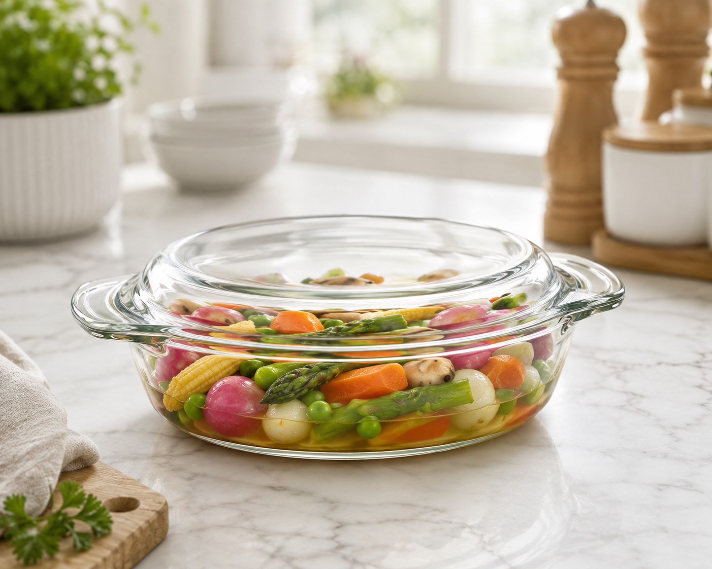 Skybuy 1000 ml Shallow Round Glass Casserole with Lid