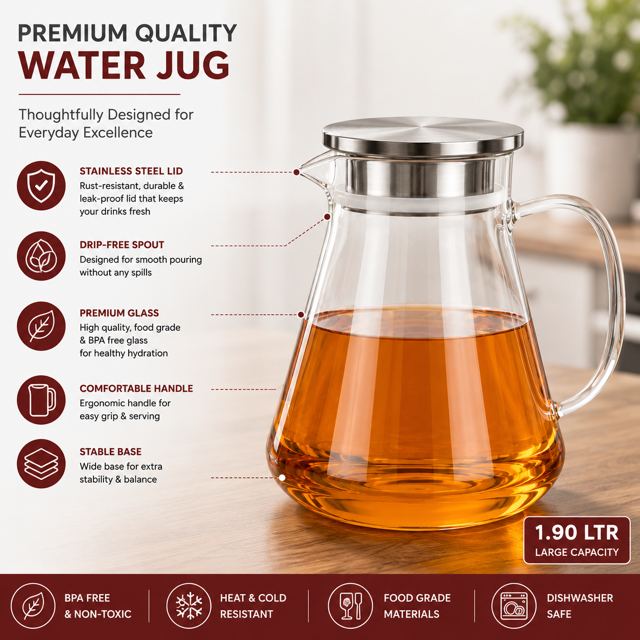 Skybuy Glass Water Jug 1.9L premium quality