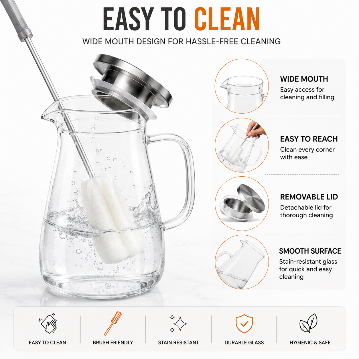 Skybuy Glass Water Jug 1.8L - easy to clean wide mouth