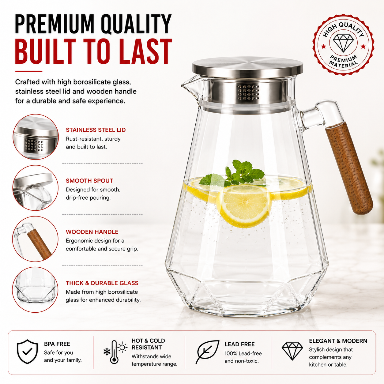 Skybuy Glass Water Jug with Wooden Handle 2L premium build