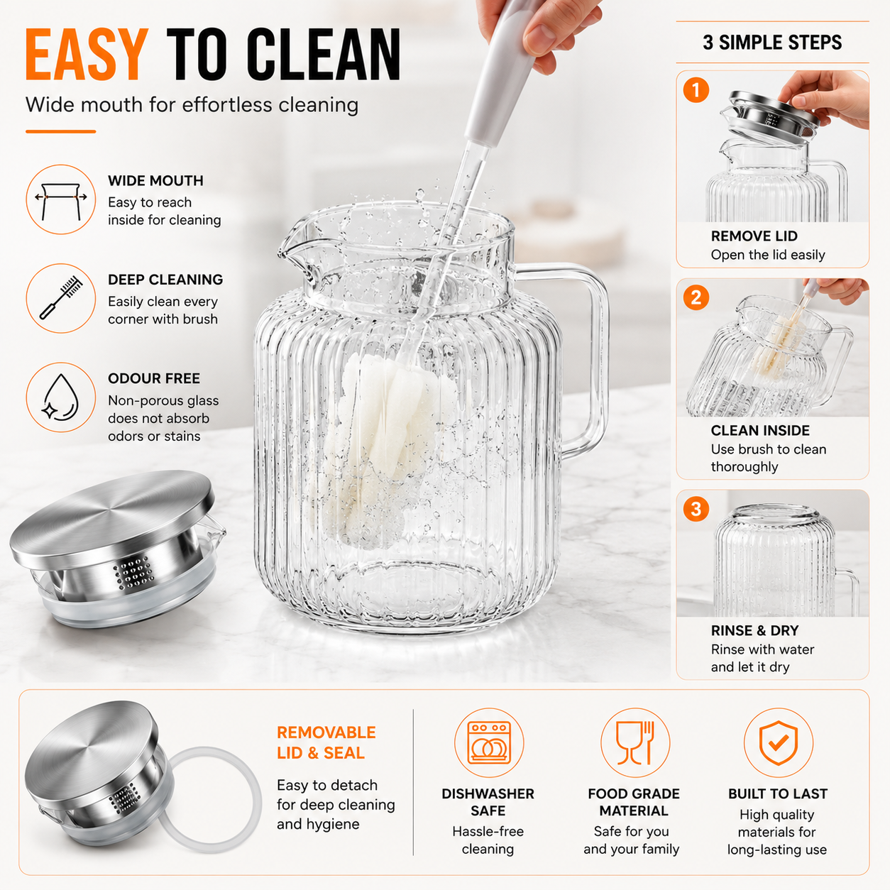 Skybuy Ribbed Glass Water Jug 1.65L - easy to clean