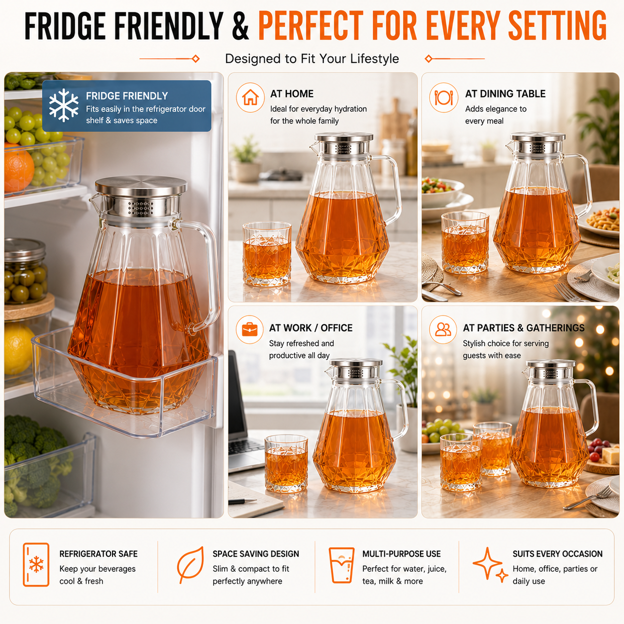 Skybuy Faceted Glass Water Jug 1.5L fridge friendly