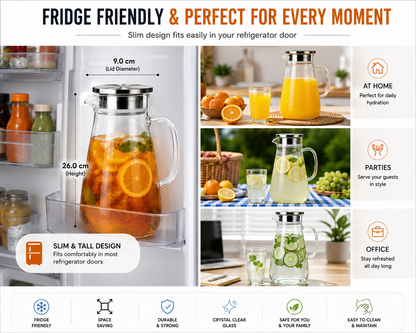 Skybuy Glass Water Jug 1.8L - fridge friendly slim design