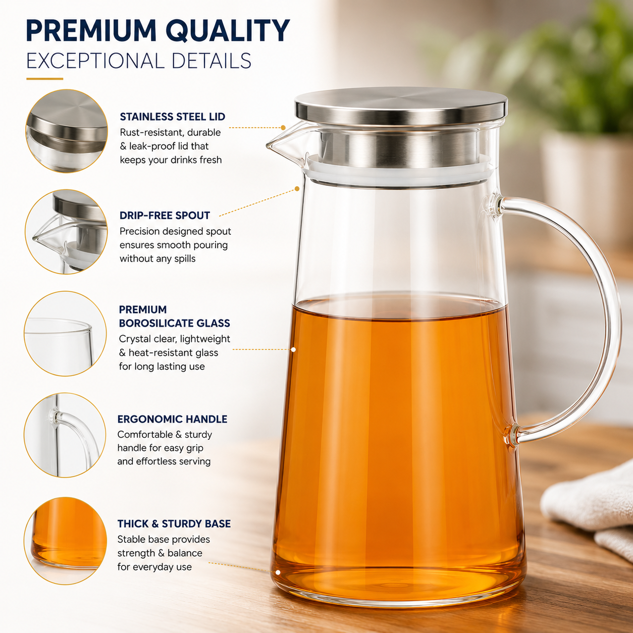 Skybuy Borosilicate Glass Water Jug 1.46L premium quality details