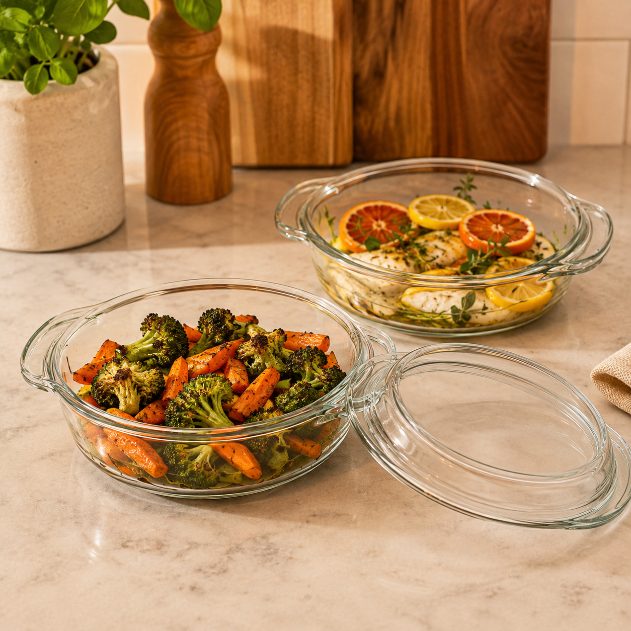 Skybuy 1000 ml Shallow Round Glass Casserole with Lid