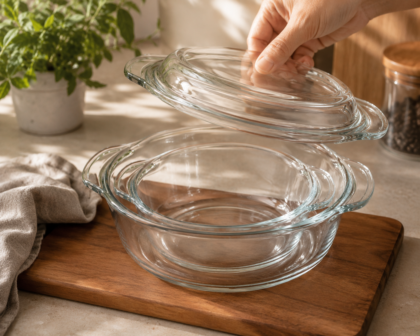 Skybuy 1000 ml Shallow Round Glass Casserole with Lid