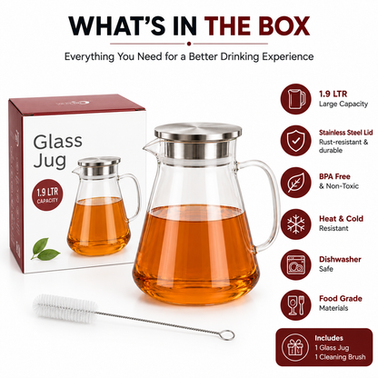 Skybuy Glass Water Jug 1.9L whats in the box with cleaning brush