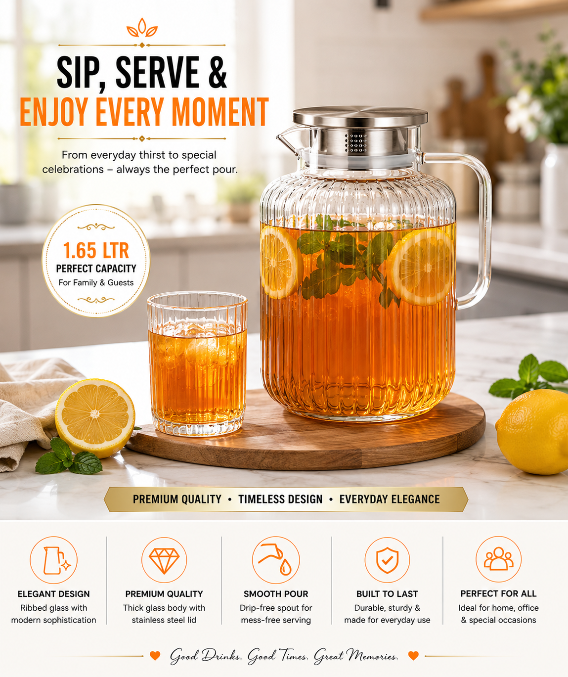 Skybuy Ribbed Glass Water Jug 1.65L - elegant ribbed design