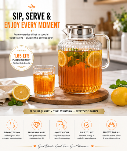 Skybuy Ribbed Glass Water Jug 1.65L - elegant ribbed design