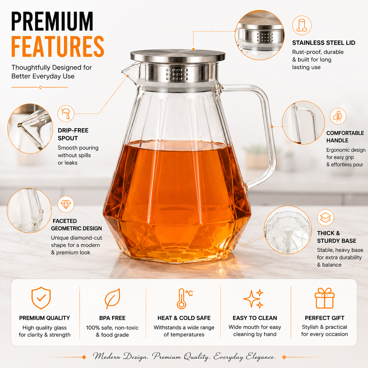 Skybuy Faceted Glass Water Jug 1.5L premium features