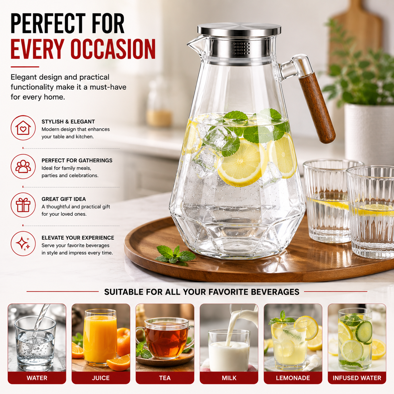 Skybuy Glass Water Jug with Wooden Handle 2L gatherings