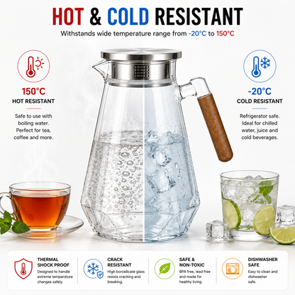 Skybuy Glass Water Jug with Wooden Handle 2L thermal resistance
