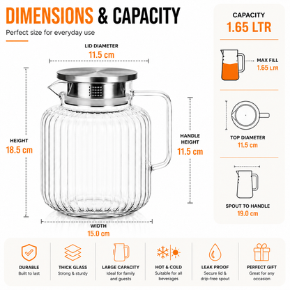 Skybuy Ribbed Glass Water Jug 1.65L dimensions and capacity