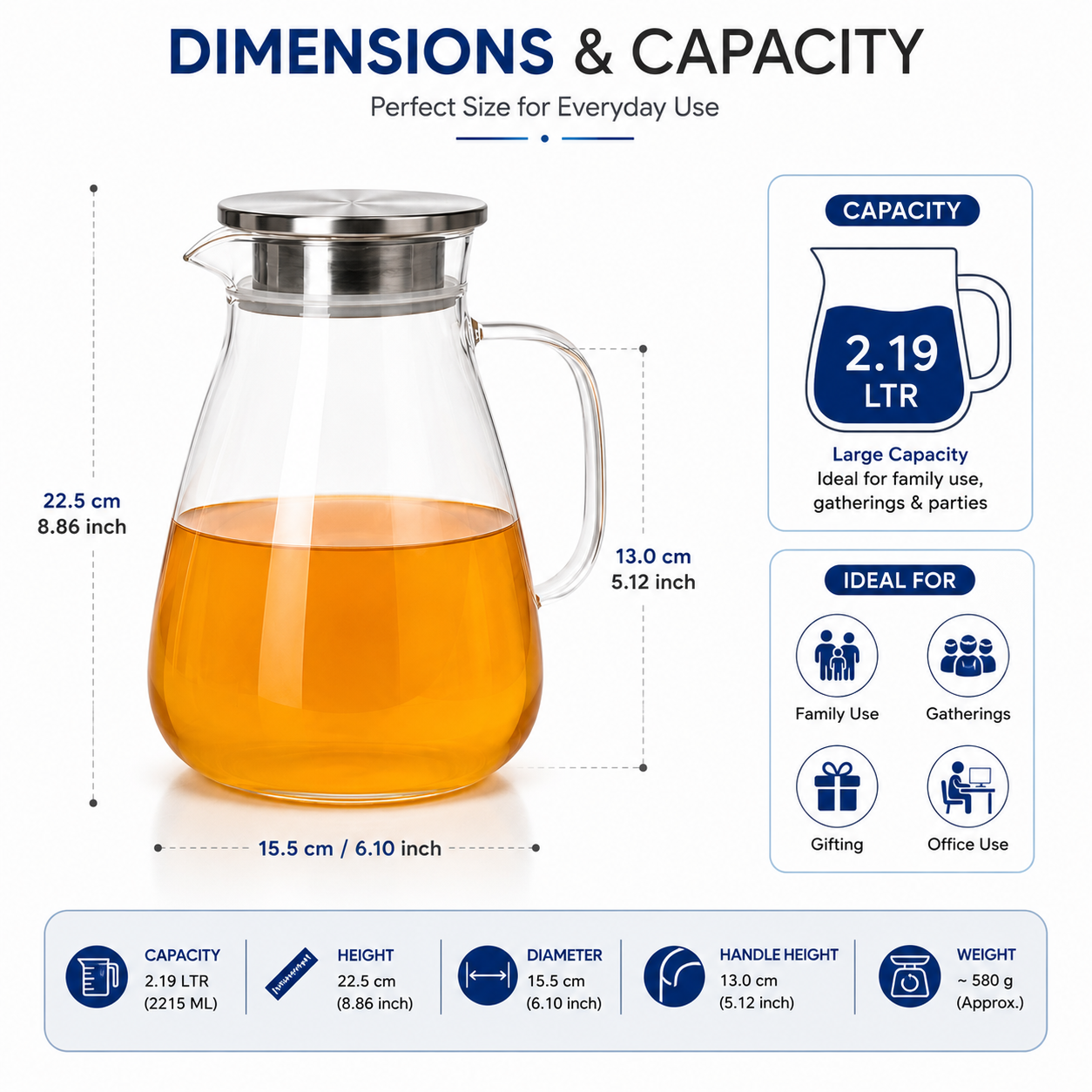 Skybuy Borosilicate Glass Water Jug 2.19L dimensions