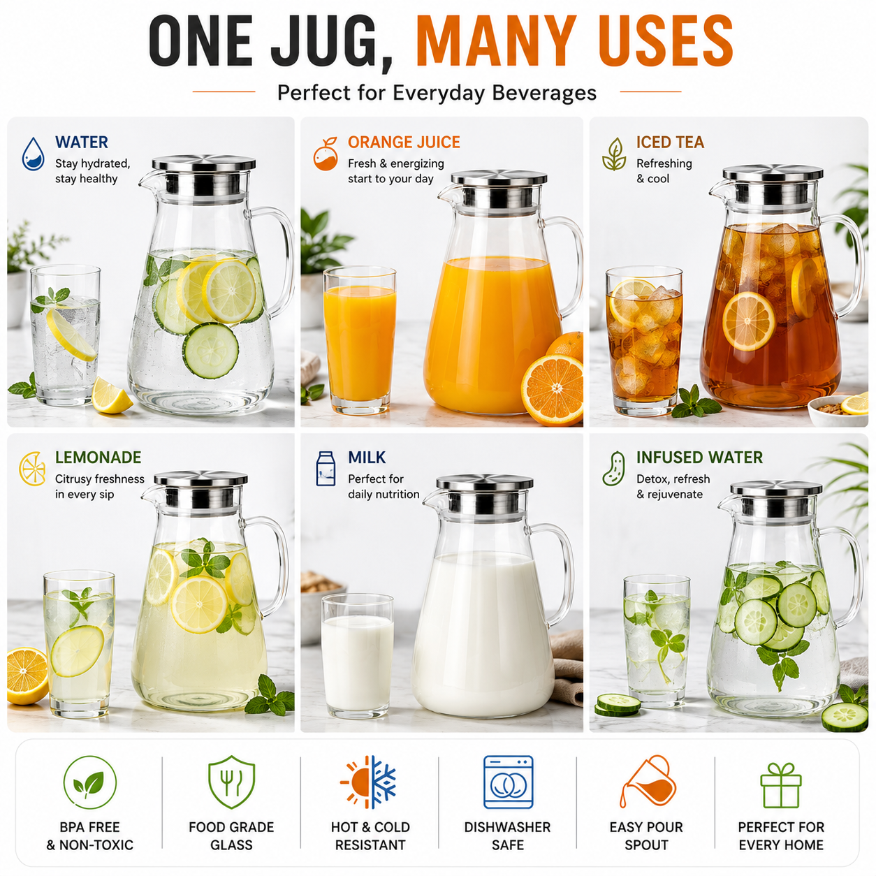 Skybuy Glass Water Jug 1.8L - one jug many uses