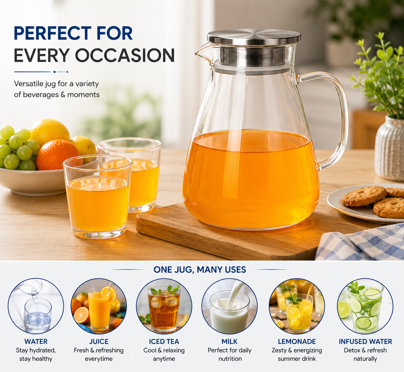 Skybuy Borosilicate Glass Water Jug 2.19L - one jug many uses