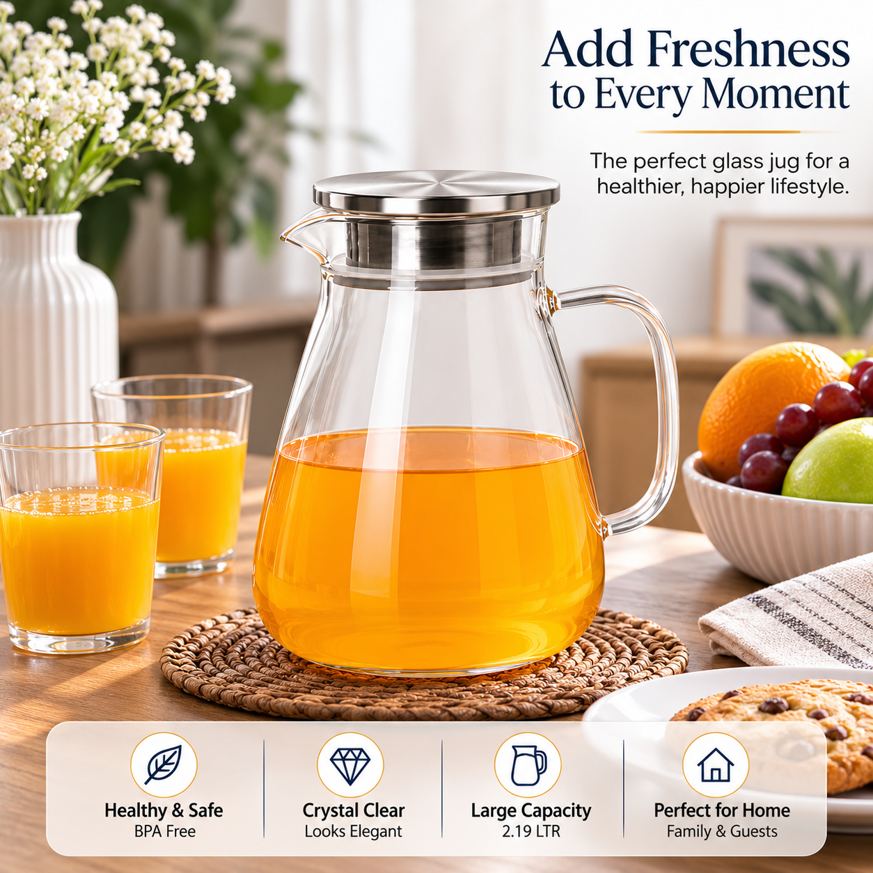 Skybuy Borosilicate Glass Water Jug 2.19L BPA free