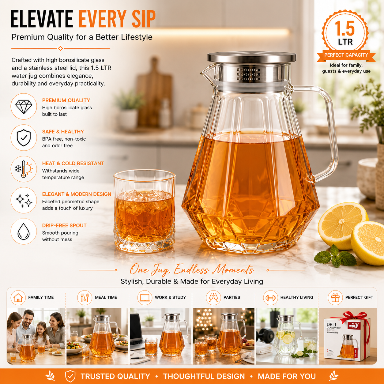 Skybuy Faceted Diamond-Cut Glass Water Jug 1.5L elevate every sip