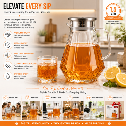 Skybuy Faceted Diamond-Cut Glass Water Jug 1.5L elevate every sip