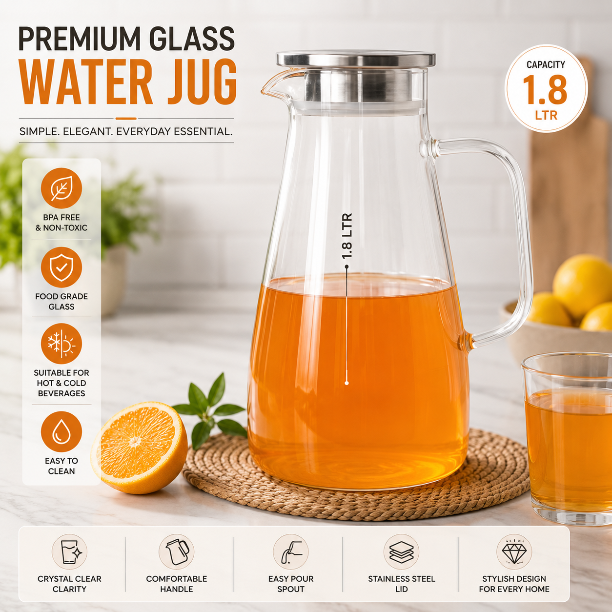 Skybuy Premium Glass Water Jug 1.8L capacity details