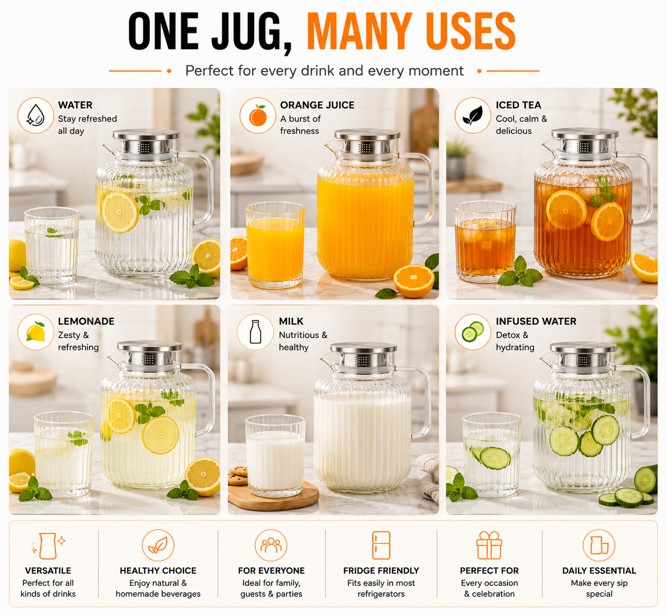 Skybuy Ribbed Glass Water Jug 1.65L - one jug many uses