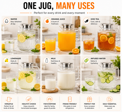 Skybuy Ribbed Glass Water Jug 1.65L - one jug many uses