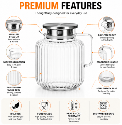 Skybuy Ribbed Glass Water Jug 1.65L premium features