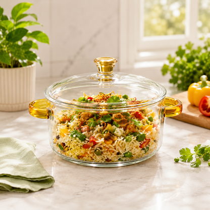 Sky Buy 3200 ml Glass Cooking Pot with Lid & Handles – Clear Glass Cookware for Cooking, Serving & Food Storage