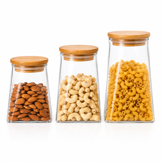 Skybuy Glass Storage Jar Set of 3 with Bamboo Lids – 800 ml, 500 ml & 400 ml