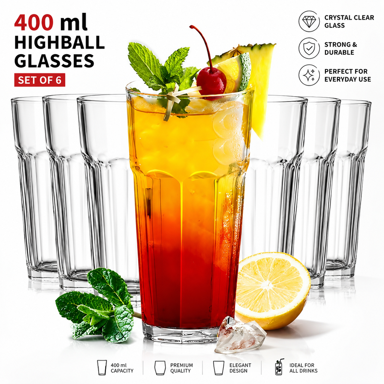 Sky Buy 400 ml Drinking Glasses Set of 6 – Clear Highball Glasses for Water, Juice & Cold Drinks