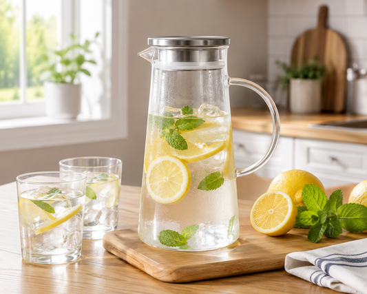 Sky Buy Glass Water Jug with Stainless Steel Lid 1400 ml – Transparent Water & Juice Pitcher