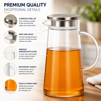 Sky Buy Glass Water Jug with Stainless Steel Lid 1400 ml – Transparent Water & Juice Pitcher